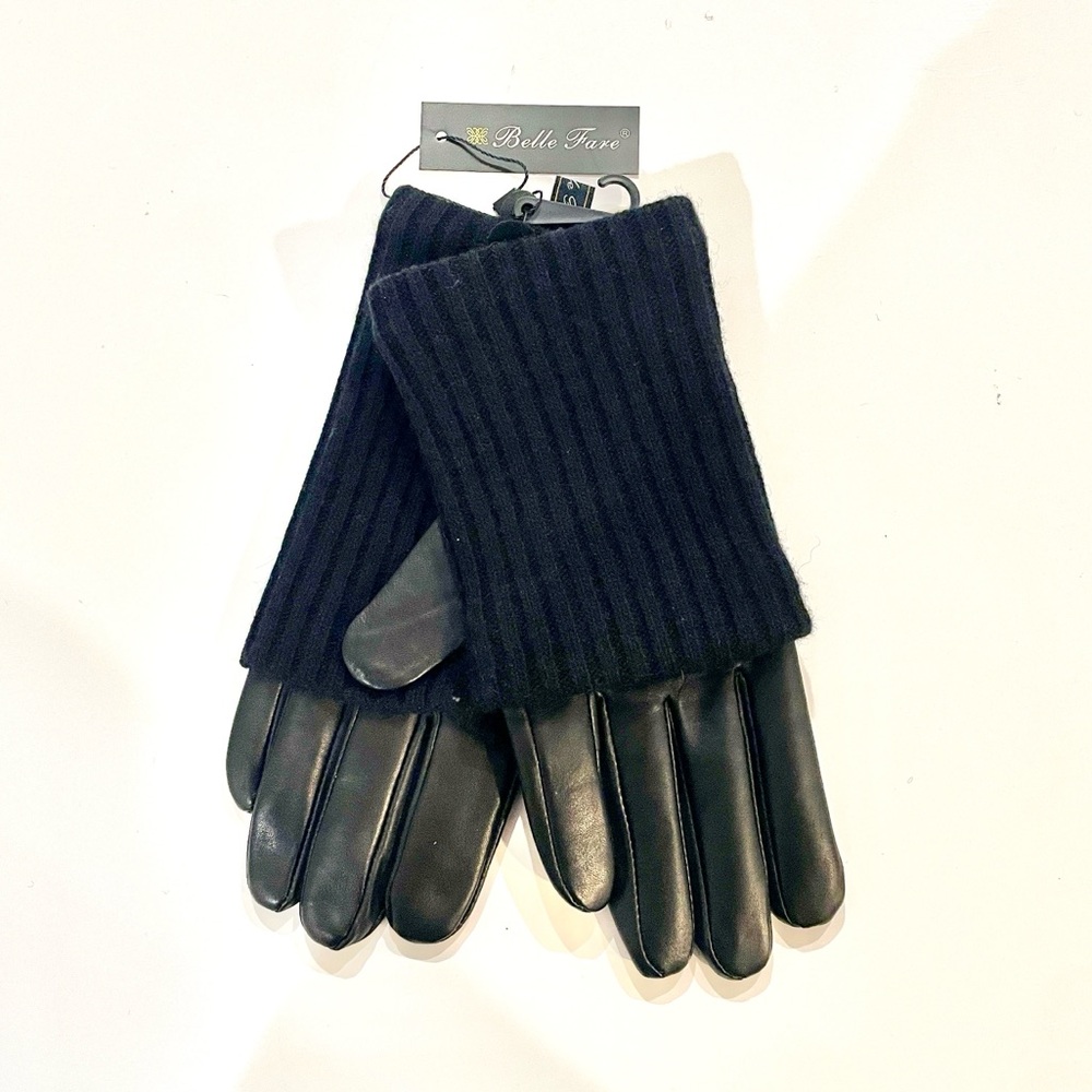 Belle Fare Leather Gloves Cashmere & Wool Ribbed Knit Sleeve & Lined~Medium-NWT